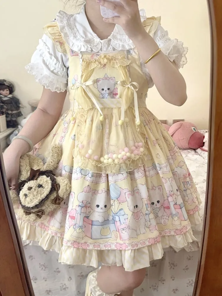 Yellow Kitty and Polka Dots Pattern Sweet Lolita Overall Dress