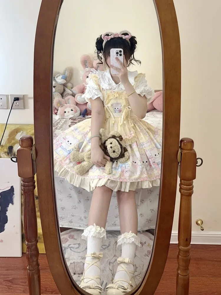 Yellow Kitty and Polka Dots Pattern Sweet Lolita Overall Dress