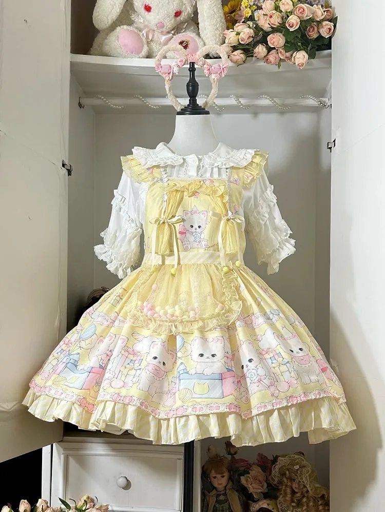 Yellow Kitty and Polka Dots Pattern Sweet Lolita Overall Dress