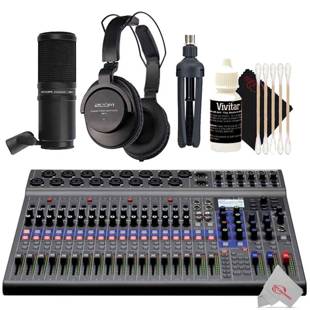 Zoom LiveTrak L-20 - 20-Input Digital Mixer & Multitrack Recorder   Zoom ZDM-1 Podcast Mic Pack Accessory Bundle   3pc Cleaning Kit