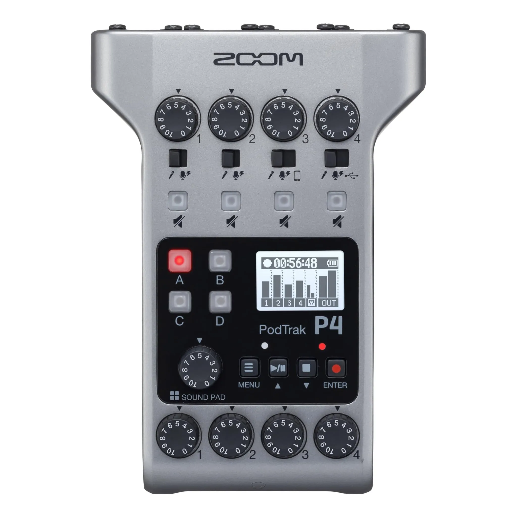 Zoom PodTrak P4 Podcast Recorder, Battery Powered, 4 Microphone Inputs, 4 Headphone Outputs, Phone and USB Input for Remote Interviews, Sound Pads, 2-In/2-Out Audio Interface