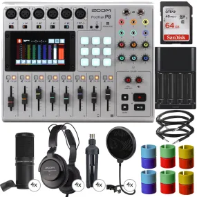Zoom PodTrak P8 Portable Multitrack Podcast Recorder   4x Zoom ZDM-1 Podcast Mic Pack Accessory Bundle