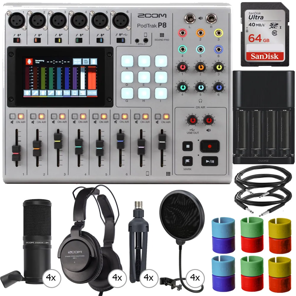 Zoom PodTrak P8 Portable Multitrack Podcast Recorder   4x Zoom ZDM-1 Podcast Mic Pack Accessory Bundle