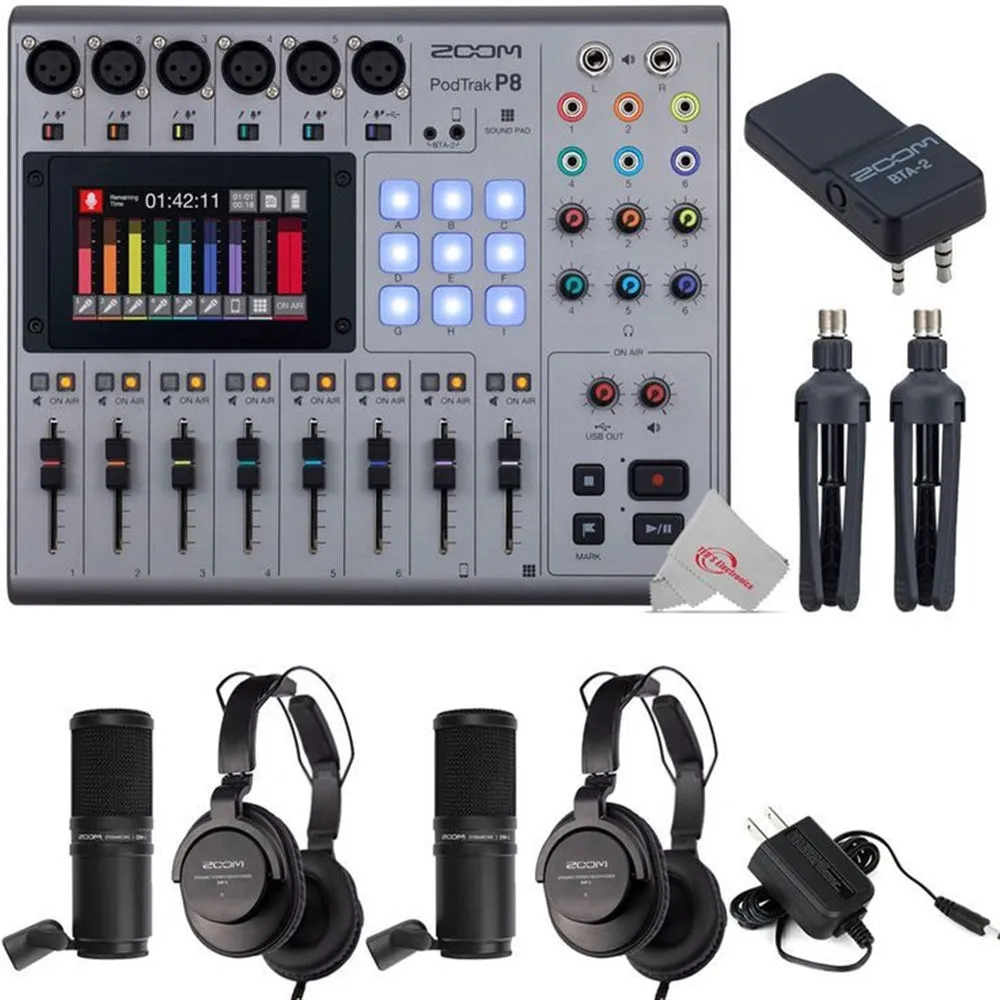 Zoom PodTrak P8 Portable Multitrack Podcast Recorder   Two Zoom ZDM-1 Podcast Mic Pack Accessory Bundle   ZOOM BTA-2 Bluetooth Adapter Audio For PodTrak Series